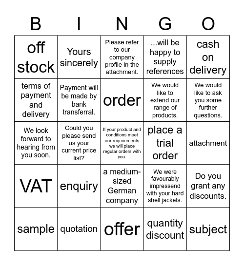 Enquiry-offer-order Bingo Card