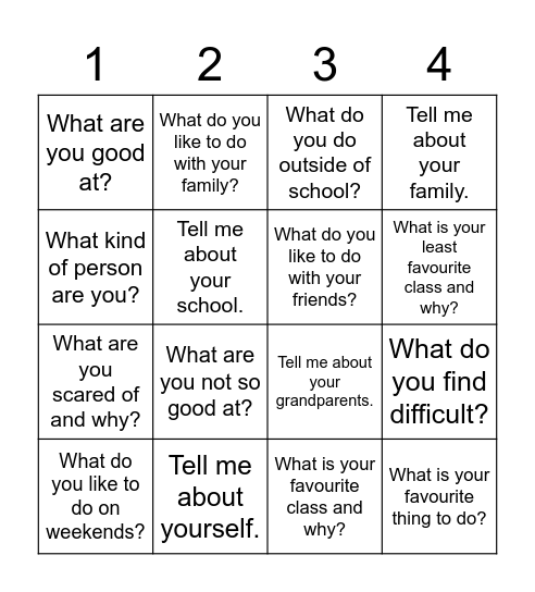 All About You Questions Bingo Card