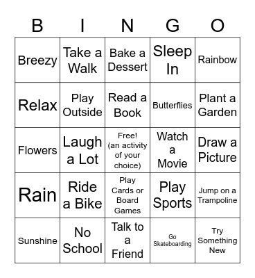 Spring Break Fun Bingo Card