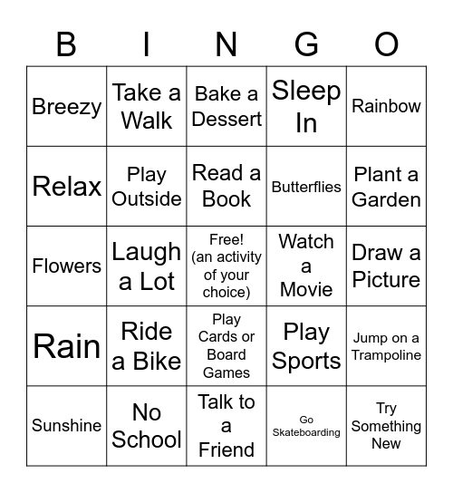Spring Break Fun Bingo Card