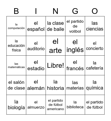Vocabulario Bingo Card