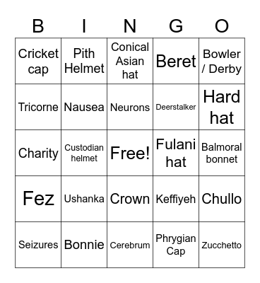 Wear a Hat Day 2021 Bingo Card