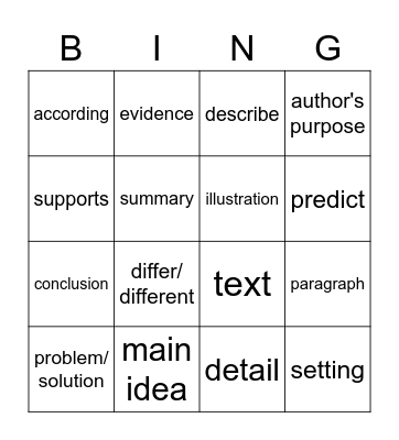 Reading Vocabulary Bingo Card