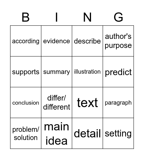 Reading Vocabulary Bingo Card