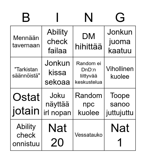 DnD Oneshot bingo Card