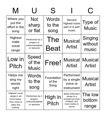 MUSIC VOCABULARY Bingo Card