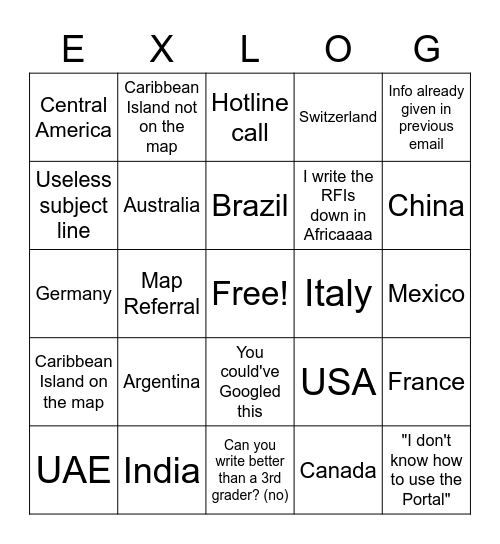 RFI Bingo Card