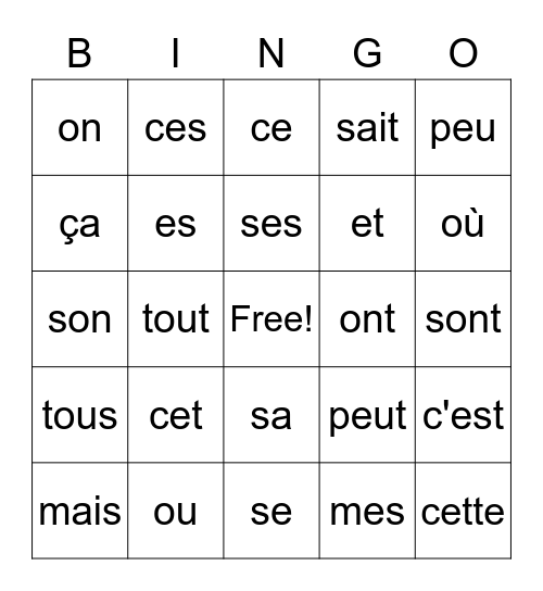 Les homophones Bingo Card