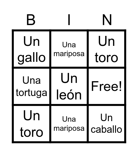 Animals Bingo Card
