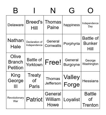 Revolutionary War Review Bingo Card