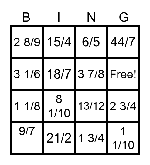 FRACTION BINGO Card