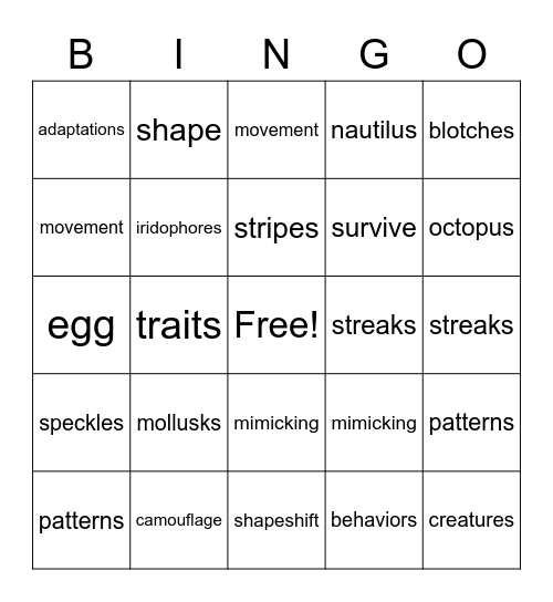 Cuttlefish Bingo Card