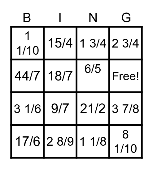 FRACTION BINGO Card