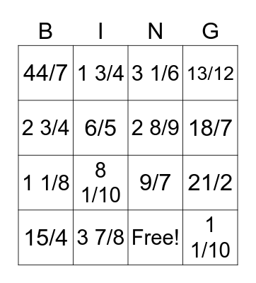 FRACTION BINGO Card