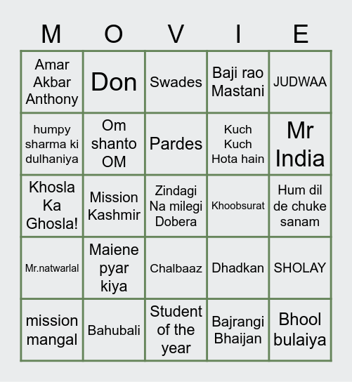 BOLLYWOOD BINGO Card