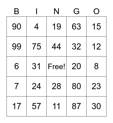Number Bingo Card