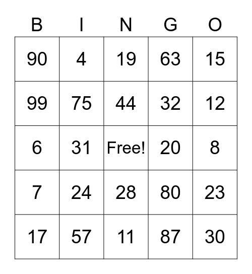 Number Bingo Card