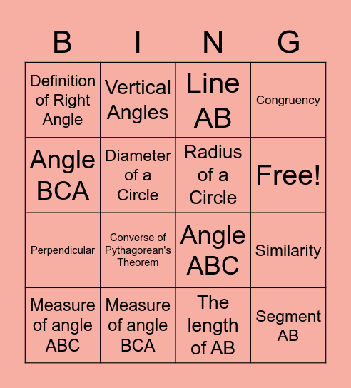 Geometry Vocabulary Bingo Card