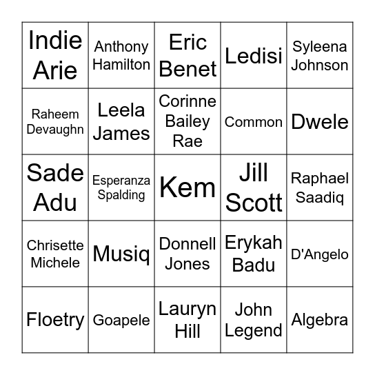 Round 1- Neo Soul Bingo Card