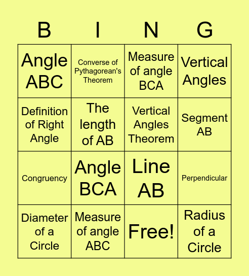 Geometry Vocabulary Bingo Card