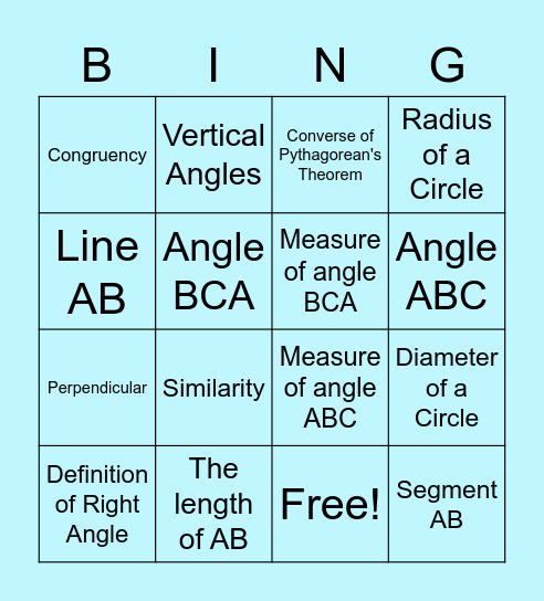 Geometry Vocabulary Bingo Card