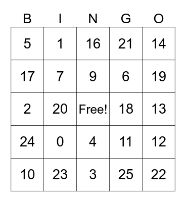 Number Bingo Card