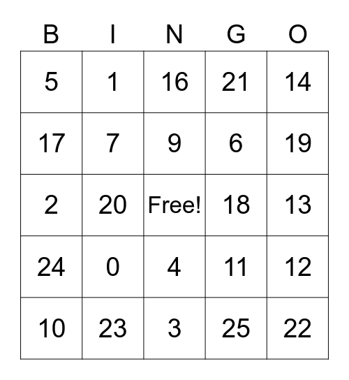 Number Bingo Card