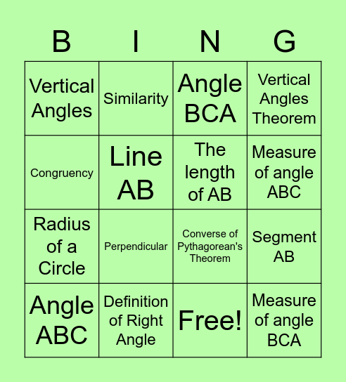 Geometry Vocabulary Bingo Card