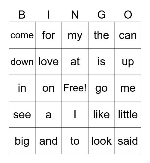 Sight Words Bingo Card