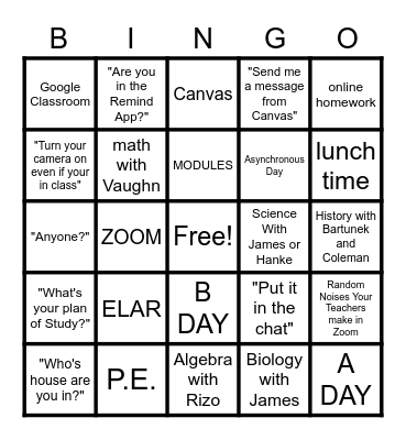 Middle School in a PANDEMIC Bingo Card