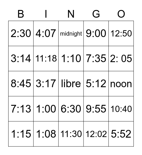 Telling time Bingo Card