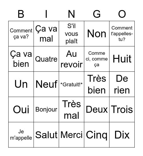 FRINTRO- Unité 1 Bingo Card