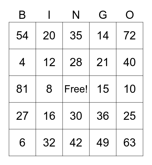Multiplication Bingo Card