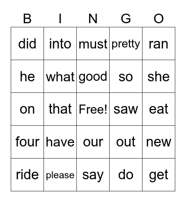 Sight Words Bingo Card