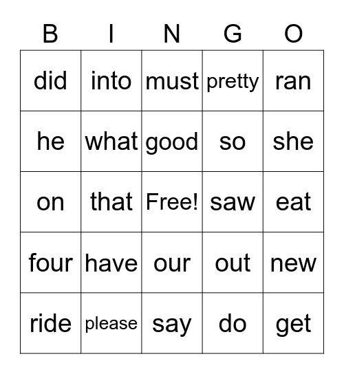 Sight Words Bingo Card