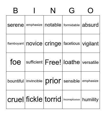 Vocabulary Bingo Card