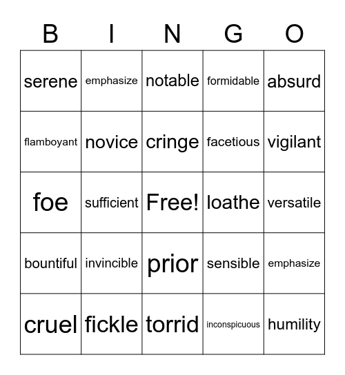 Vocabulary Bingo Card