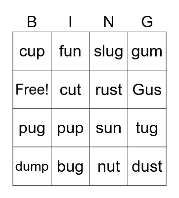 Short u Bingo Card