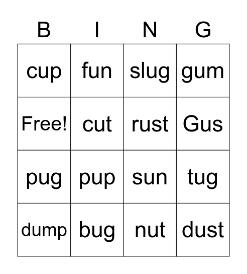Short u Bingo Card
