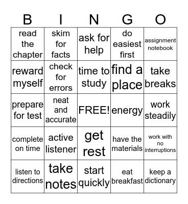 Study/Test Taking Bingo Card