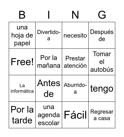 Spanish 1A 1,2 Bingo Card