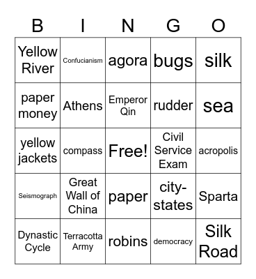 Ancient Greece/China Bingo Card