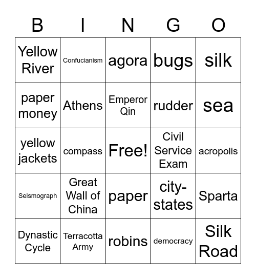 Ancient Greece/China Bingo Card