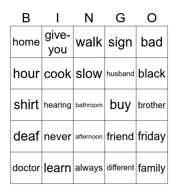 Start ASL I Units 1-13 Bingo Card