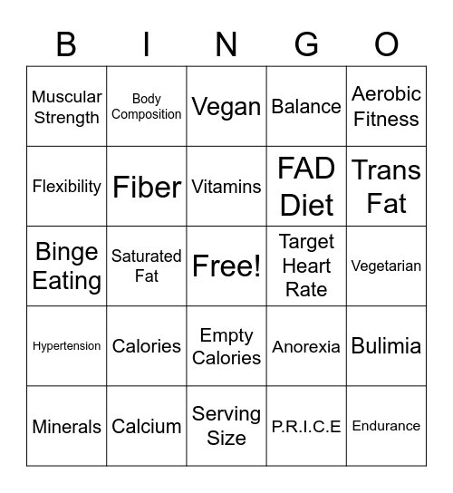 Unit 4 Nutrition and Fitness Bingo Card