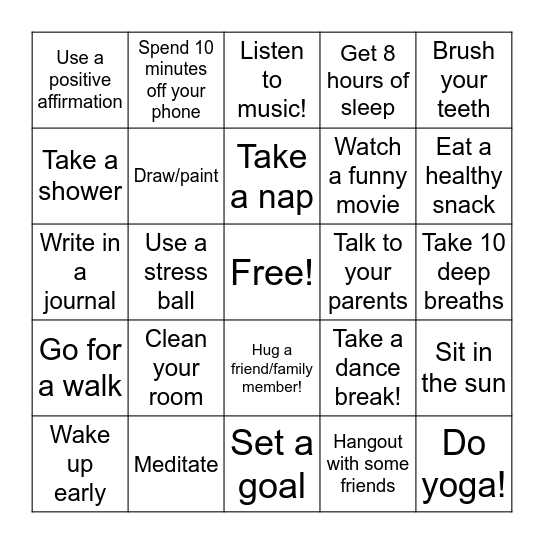 Wellness Week 2021 - Make sure to turn these into SGA at the end of the week! Bingo Card