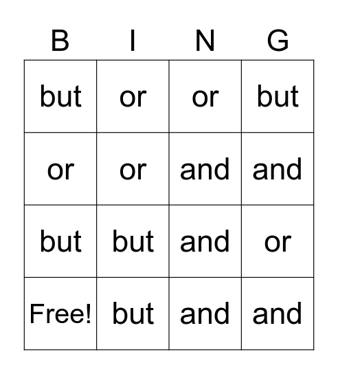 Coordinating Conjunctions - and, or, but Bingo Card