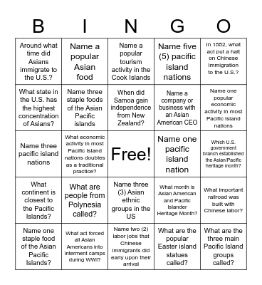 Asian American and Pacific Islander Heritage Month Bingo Card