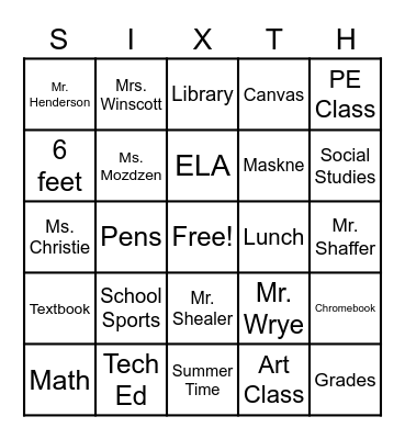 6th Grade Fun Bingo! Bingo Card