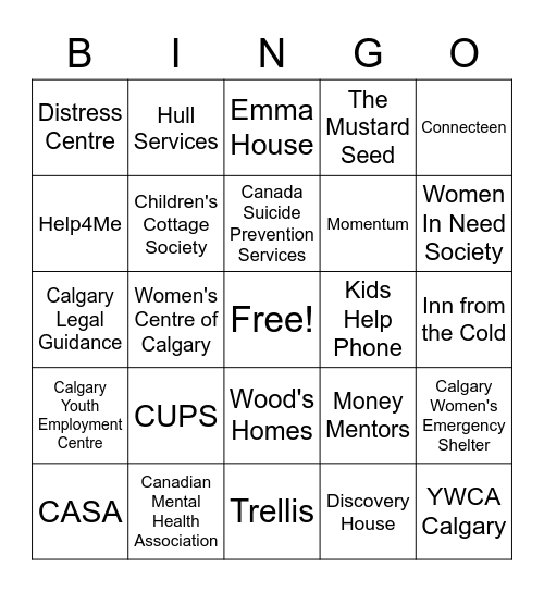 Calgary Resources Bingo! Bingo Card